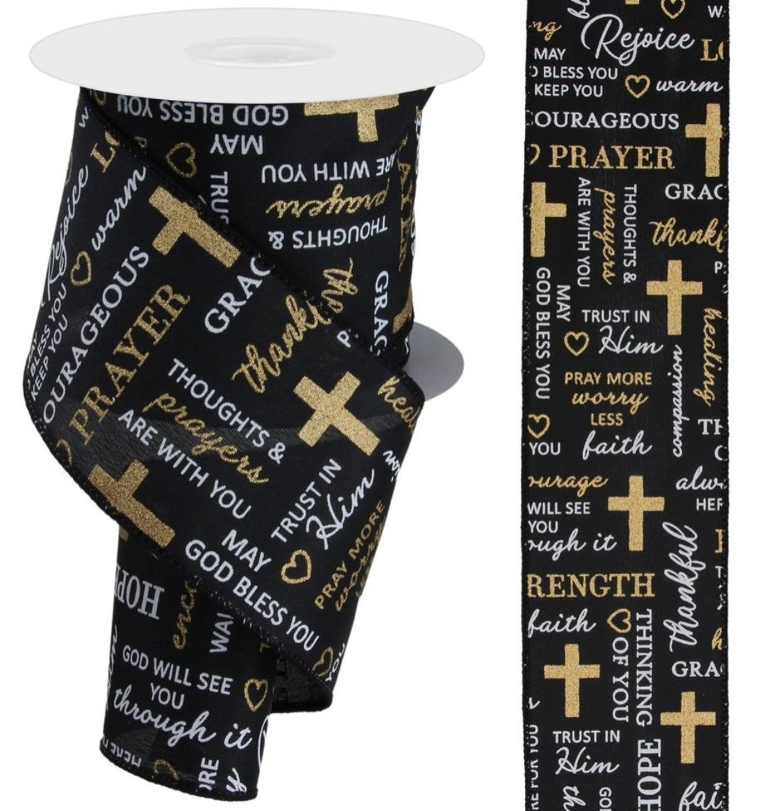 10 Yards - 2.5" Wired Black, White, and Metallic Gold Religious Bereavement Ribbon