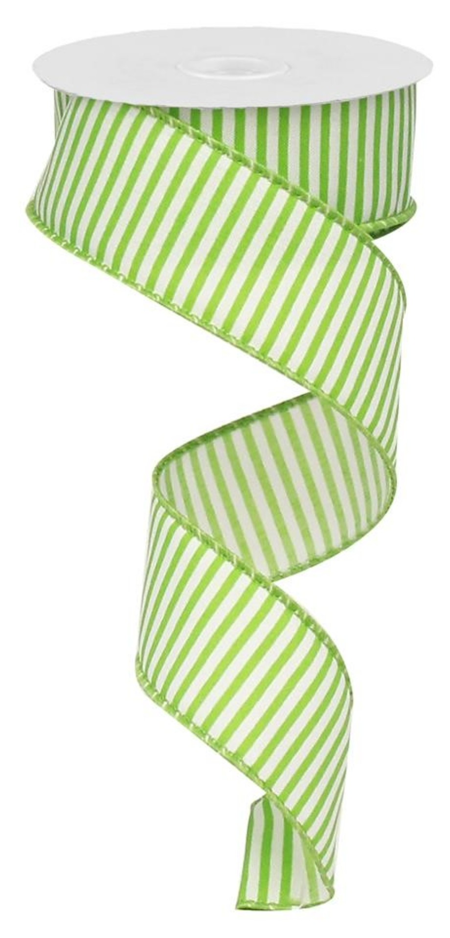 10 Yards - 1.5" Wired Lime Green and White Stripe Ribbon