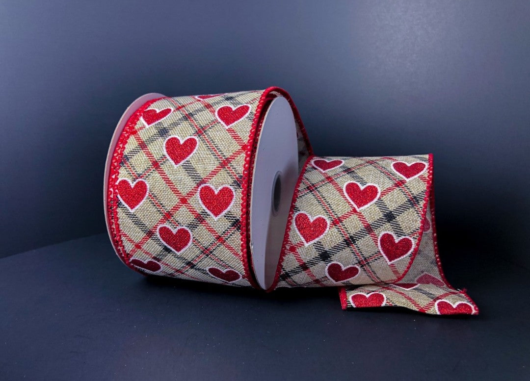 10 Yards - 2.5" Natural Background Valentines Plaid Heart Ribbon with Glitter Accent