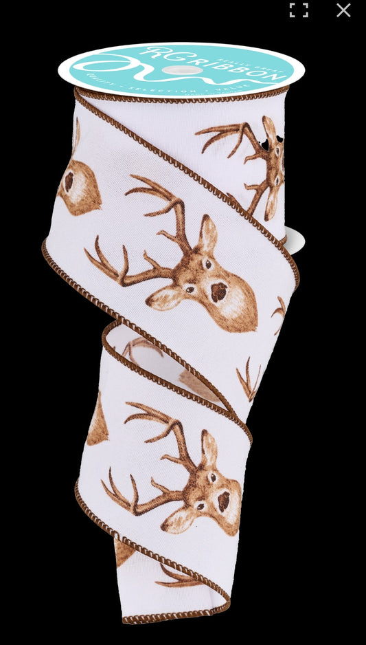 10 Yards - 2.5” Wired White Background Deer Ribbon