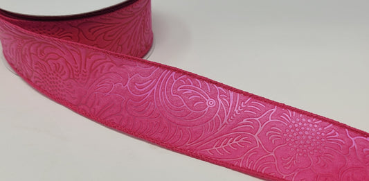 10 Yards - 1.5" Wired Fuschia Floral Embossed Ribbon