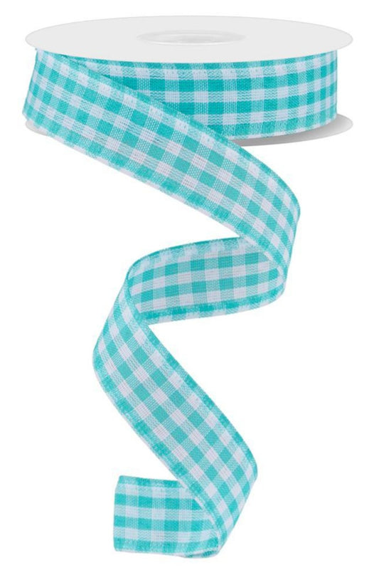 10 Yards - 7/8" Wired Aqua Blue and White Gingham Check Ribbon