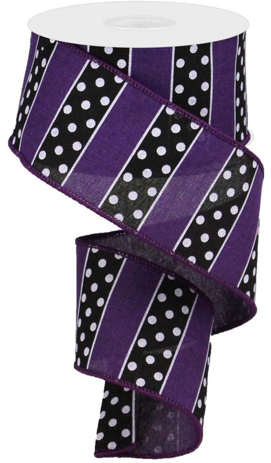 10 Yards - 2.5" Wired Purple, Black, and White Striped Polka Dot Ribbon