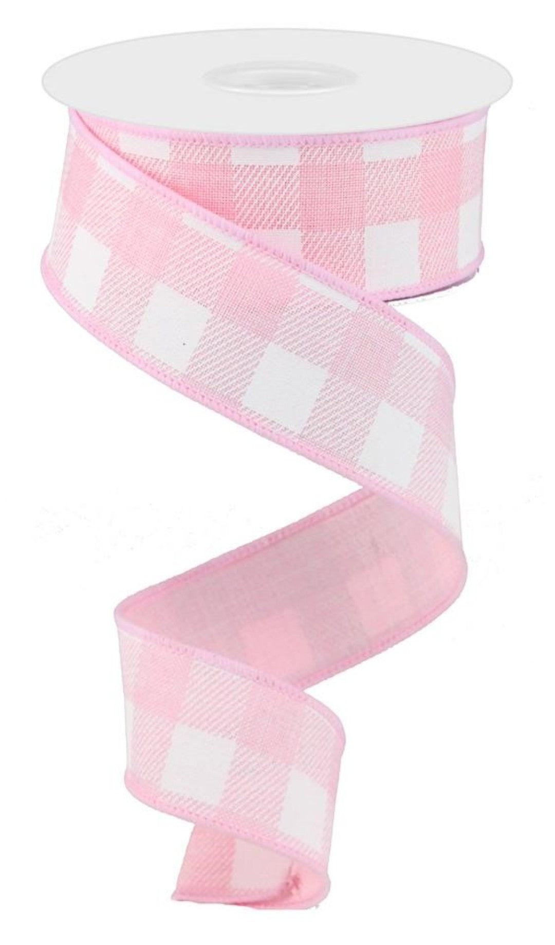 10 Yards - 1.5" Wired Light Pink and White Check Ribbon