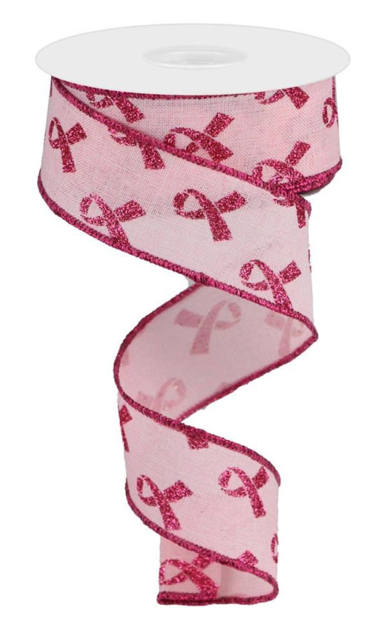 10 Yards - 1.5" Wired Pink Background Breast Cancer Awareness Ribbon with Glitter Accent