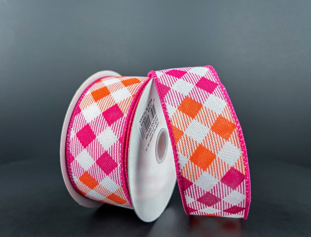 10 Yards - 1.5" Wired Pink and Orange Cross Check Ribbon