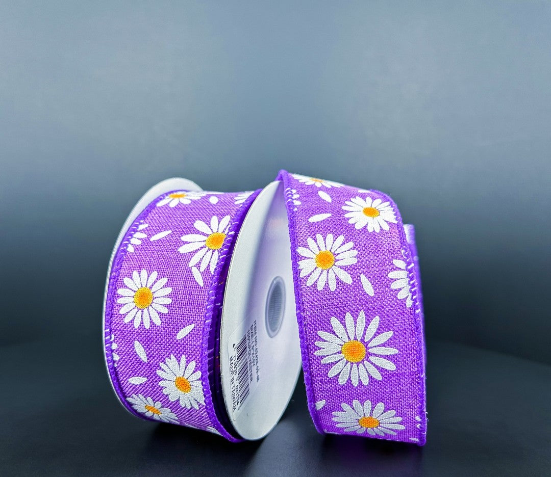 10 Yards - 1.5" Wired Purple Background Daisy Floral Ribbon