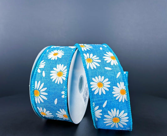 10 Yards - 1.5" Wired Blue Background Daisy Floral Ribbon