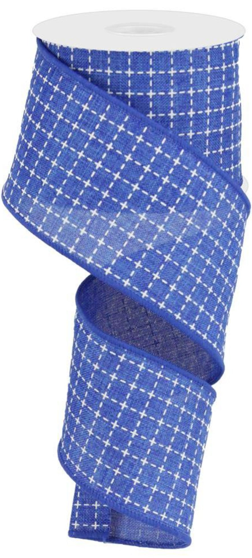 10 Yards - 2.5" Wired Royal Blue and White Faux Stitched Check Ribbon