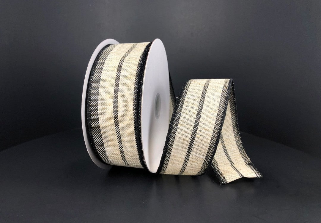 10 Yards - 1.5" Wired Black and Cream Faux Canvas Stripe Ribbon