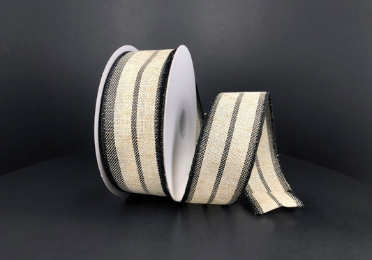 10 Yards - 1.5" Wired Black and Cream Faux Canvas Stripe Ribbon