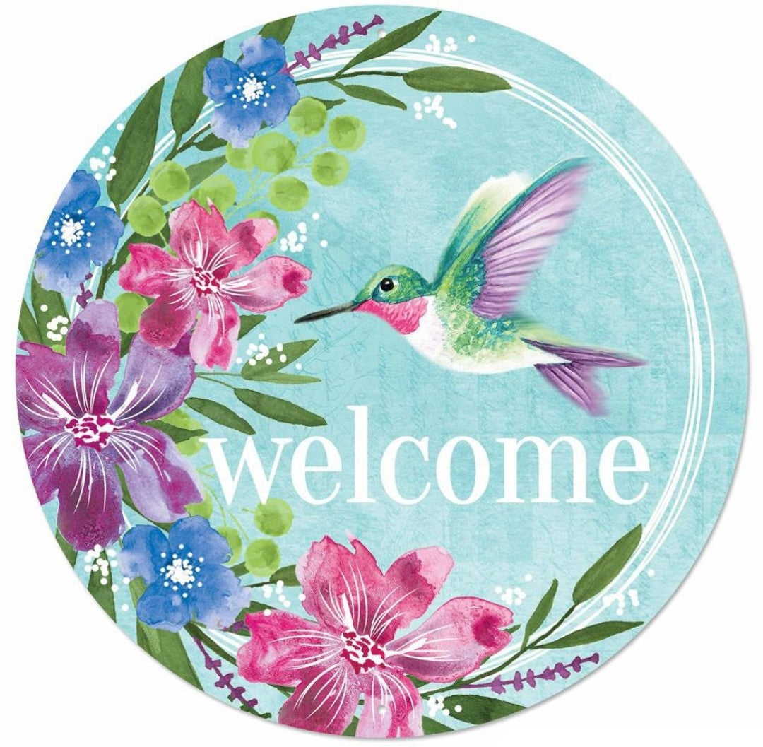 12" Round Metal Hummingbird Welcome Wreath Sign