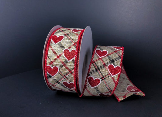 10 Yards - 1.5" Natural Background Valentines Plaid Heart Ribbon with Glitter Accent