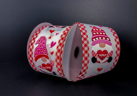 10 Yards - 2.5" Wired Valentines Day Gnome Ribbon