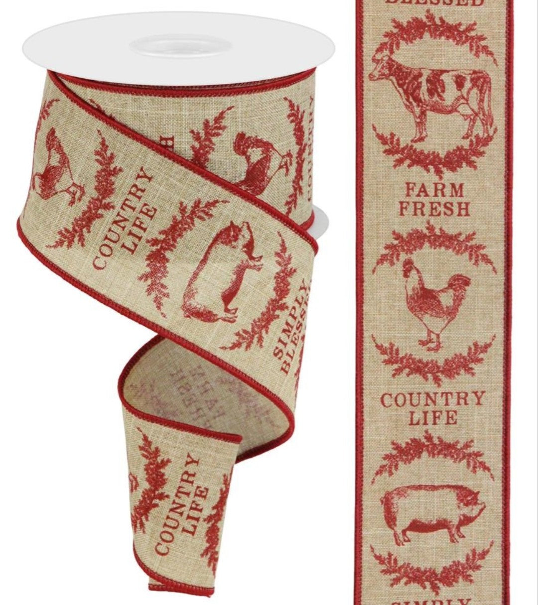 10 Yards - 2.5" Wired Natural and Red Country Life Farm Ribbon