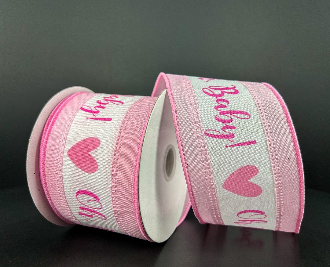 10 Yards - 2.5” Wired Pink and White Oh, Baby Ribbon - Baby Girl Ribbon