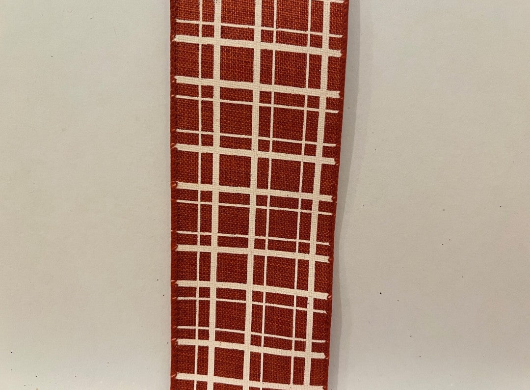 10 Yards - 2.5" Wired Burnt Orange and Cream Check Ribbon