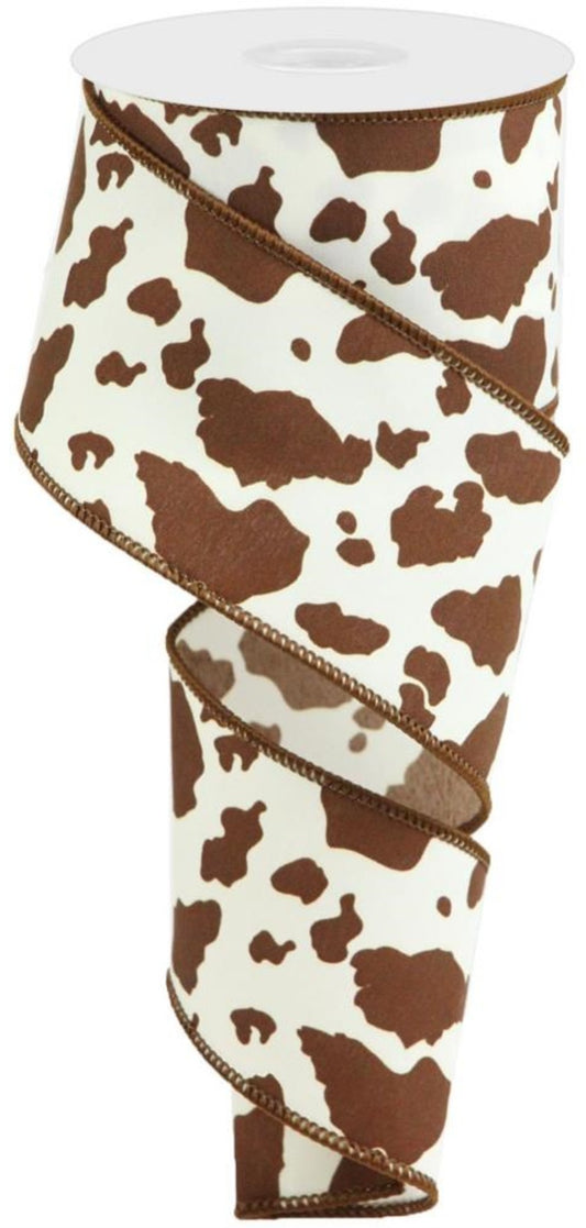 10 Yards - 2.5" Wired Cream and Brown Cow Print Ribbon