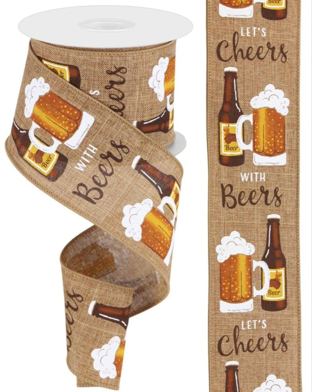 10 Yards - 2.5" Wired Natural Background Let's Cheers with Beers Ribbon