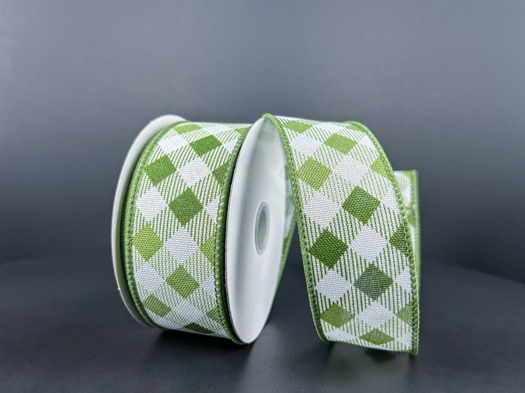 10 Yards - 1.5" Wired Green and White Cross Check Ribbon