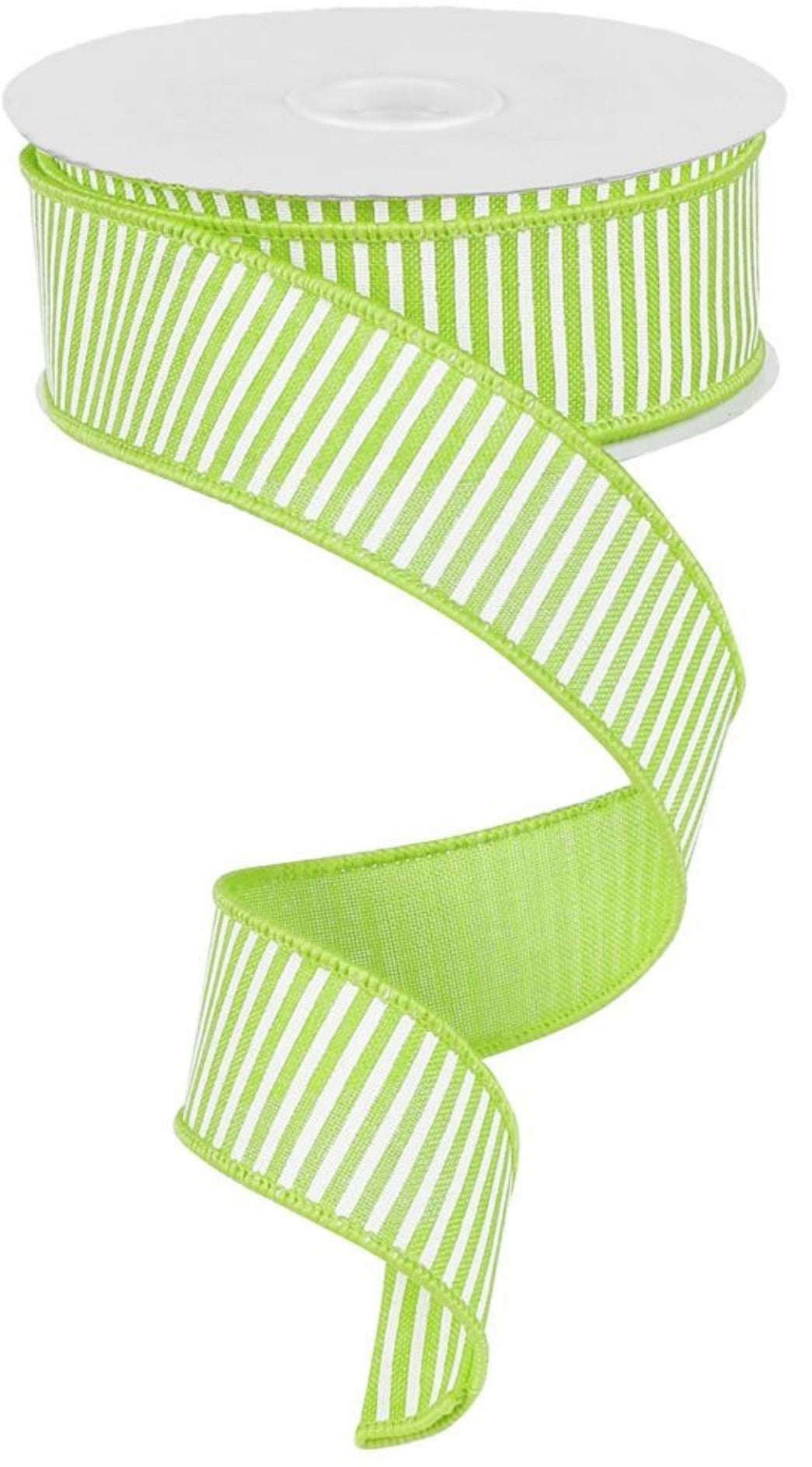 10 Yards - 1.5" Wired Lime Green and White Stripe Ribbon