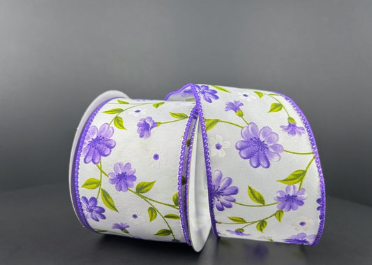 10 Yards - 2.5" Wired White Background Purple Floral Ribbon