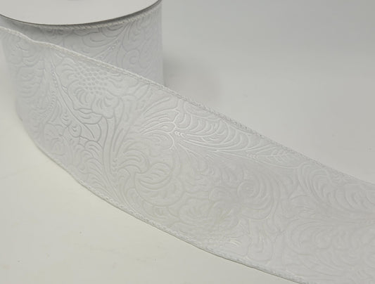 10 Yards - 2.5" Wired White Floral Embossed Ribbon