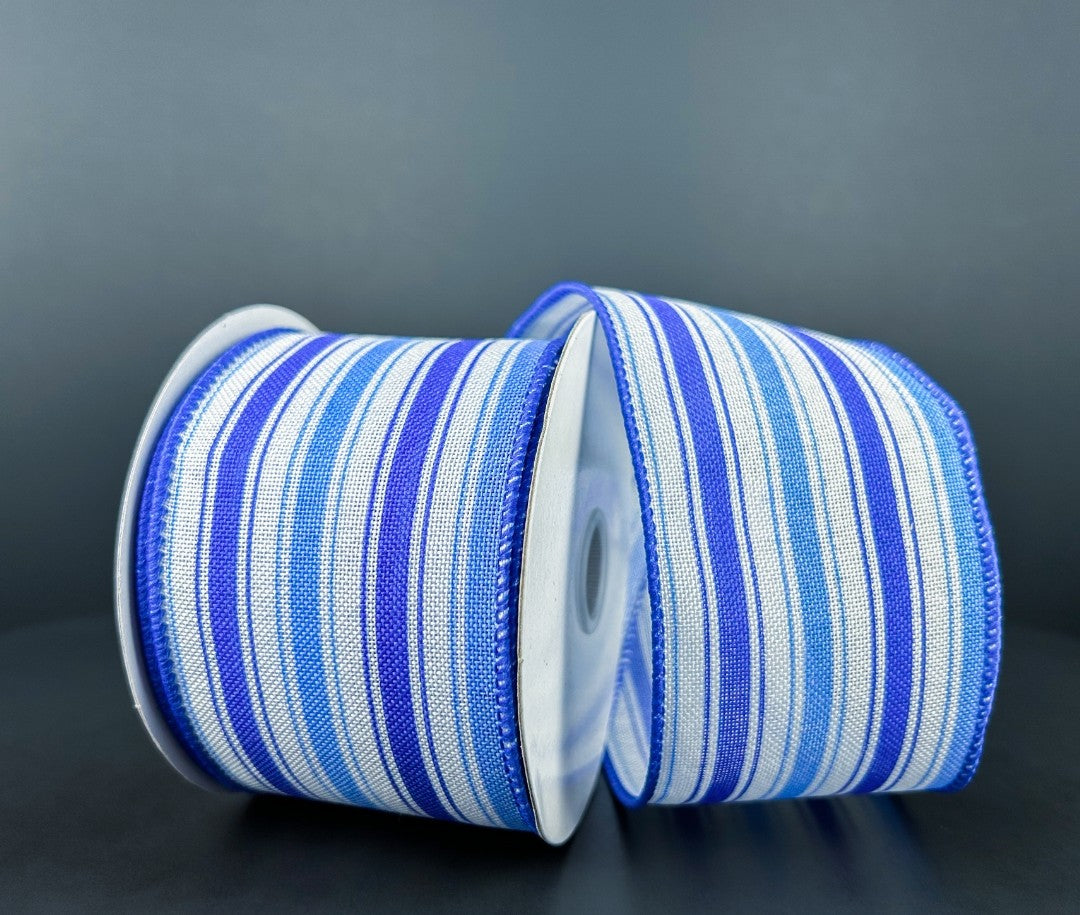 10 Yards - 2.5" Wired Blue and White Stripe Ribbon