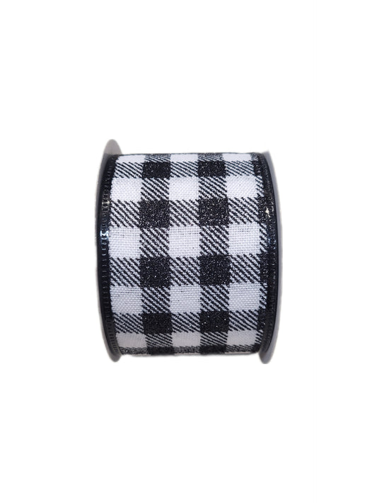 10 Yards - 2.5" Wired Black and White Check Ribbon with Glitter Accent