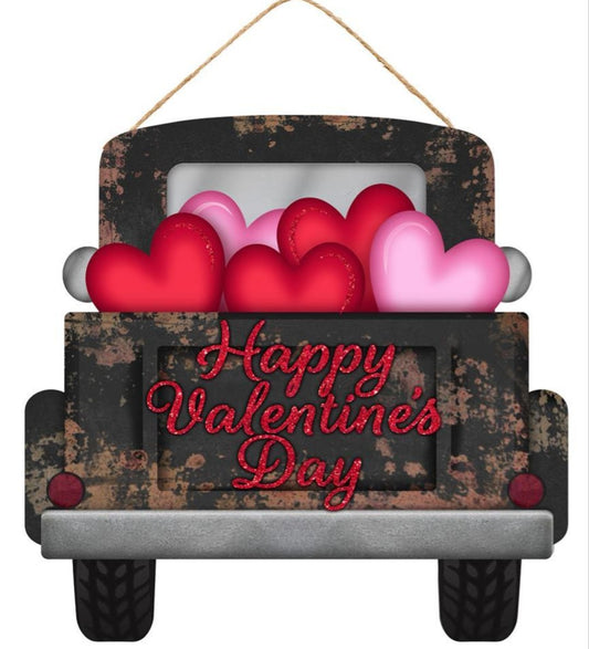 12"x11.5" Happy Valentines Day Truck Wreath Sign with Glitter Accent