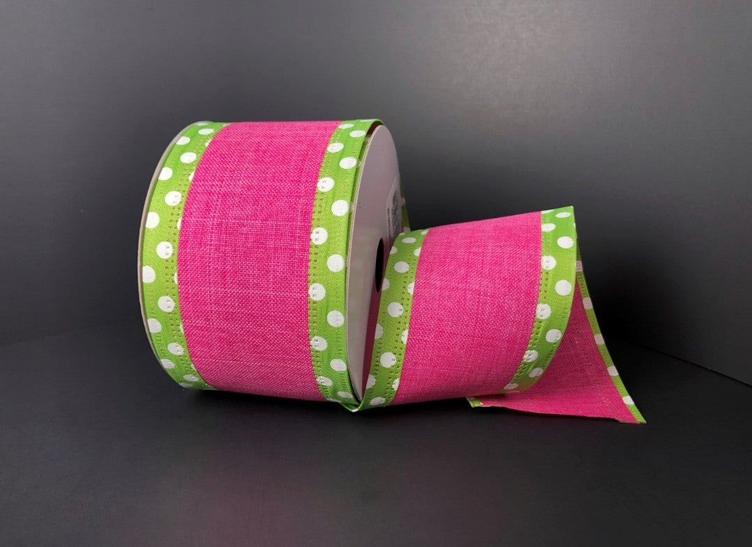 10 Yards - 2.5" Wired Hot Pink with Lime Green and White Polka Dot Edges