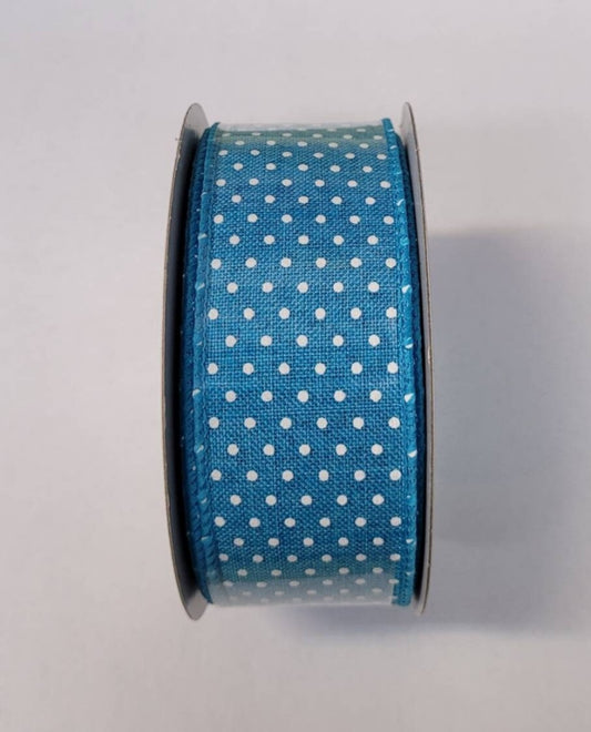 10 Yards - 1.5" Wired Blue and White Swiss Dot Ribbon