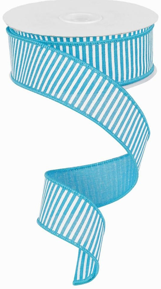 10 Yards - 1.5" Wired Blue and White Stripe Ribbon