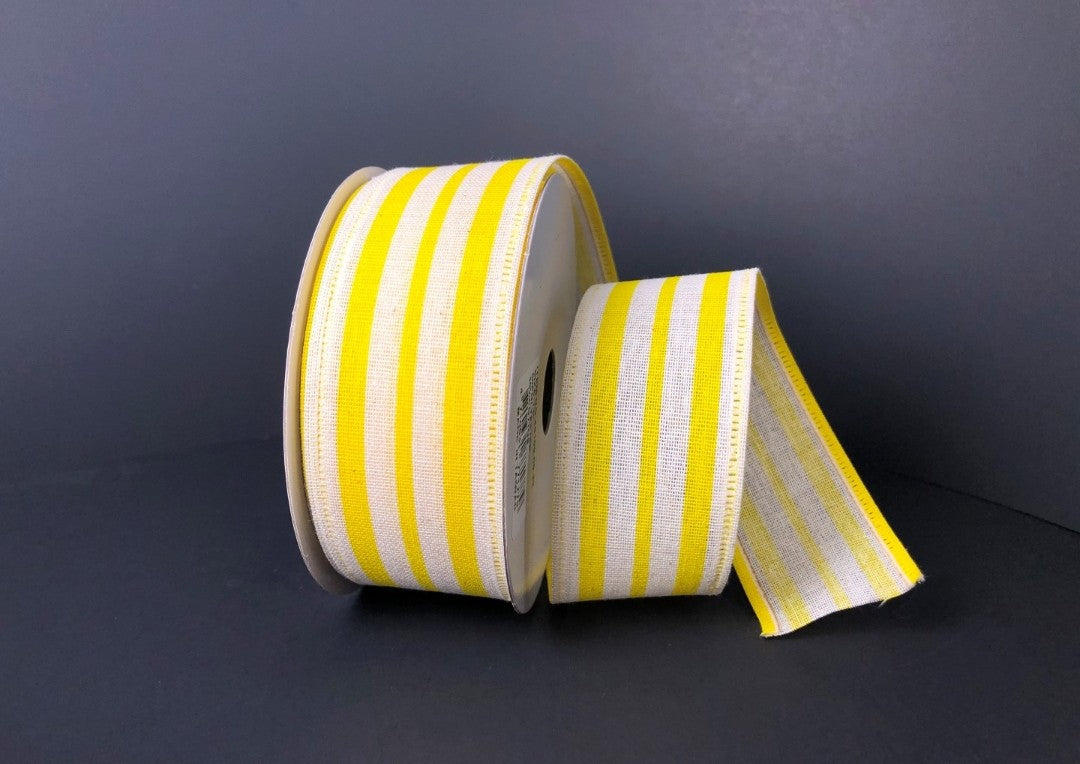 10 Yards - 1.5" Wired Yellow and Cream Stripe Canvas Ribbon