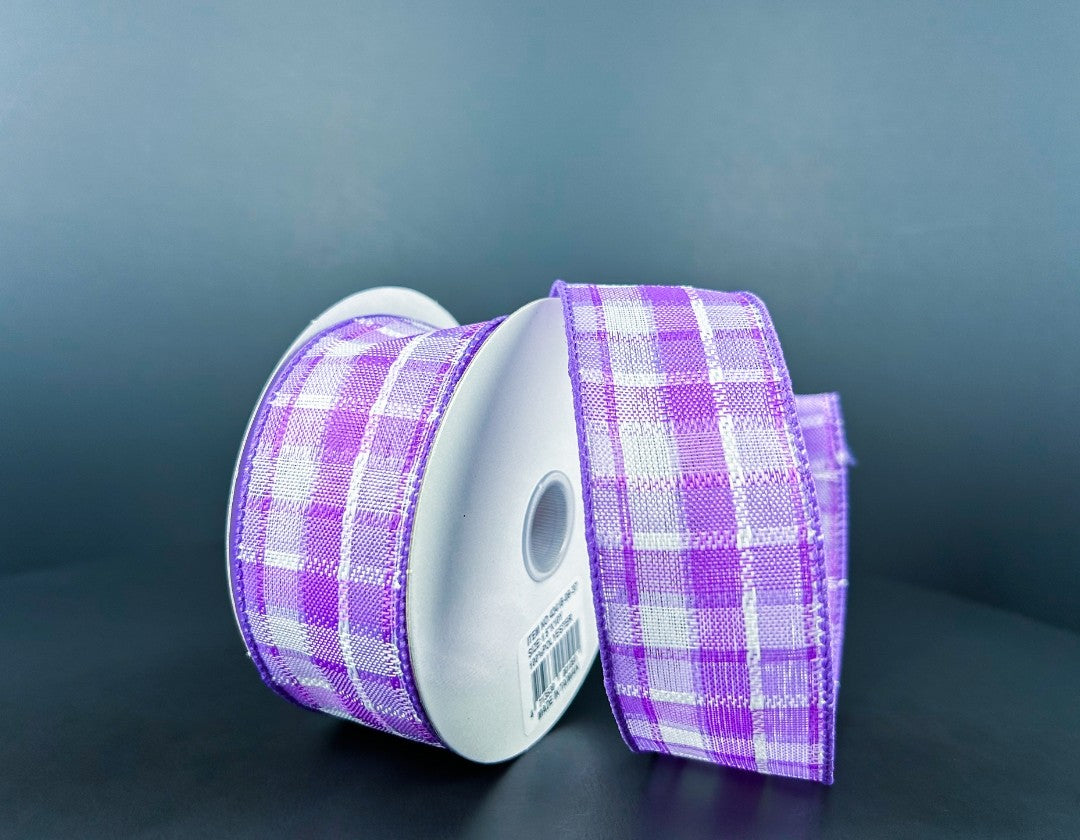 10 Yards - 1.5" Wired Lavender and White Check Ribbon