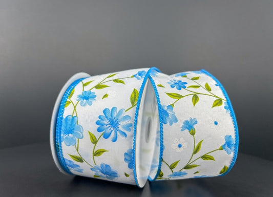 10 Yards - 2.5" Wired White Background Blue Floral Ribbon