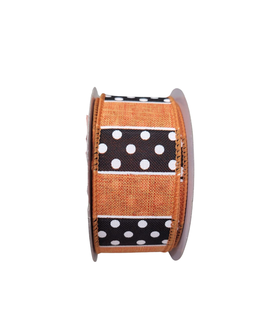 10 Yards - 1.5" Wired Orange, Black, and White Dots and Stripes Ribbon