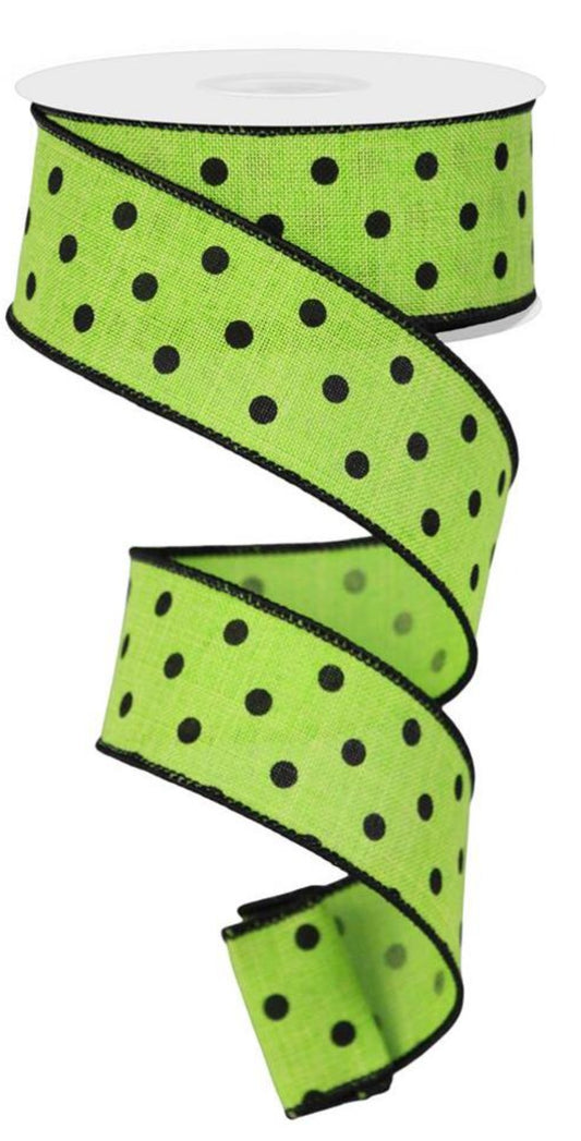 10 Yards - 1.5" Wired Lime Green and Black Polka Dot Ribbon