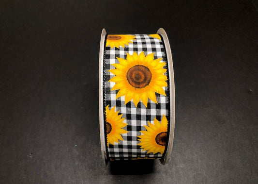 10 Yards - 2.5" Wired Black and White Check Sunflower Ribbon