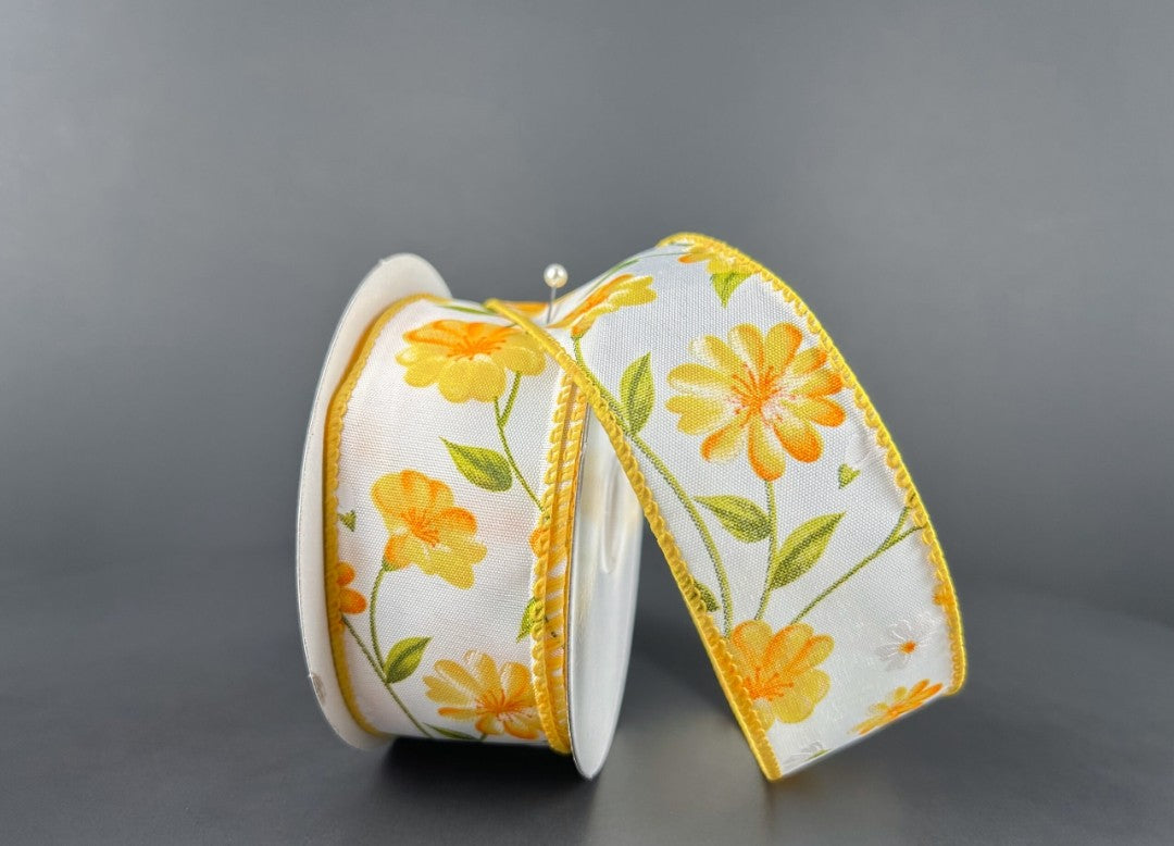 10 Yards - 1.5" Wired White Background Yellow Floral Ribbon