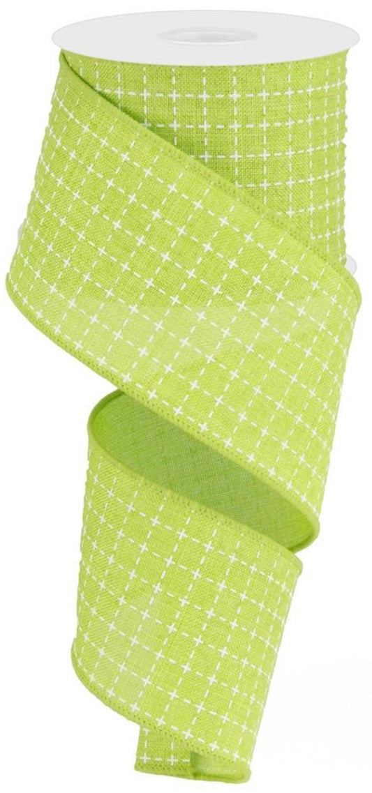 10 Yards - 2.5" Wired Lime Green and White Faux Stitched Check Ribbon