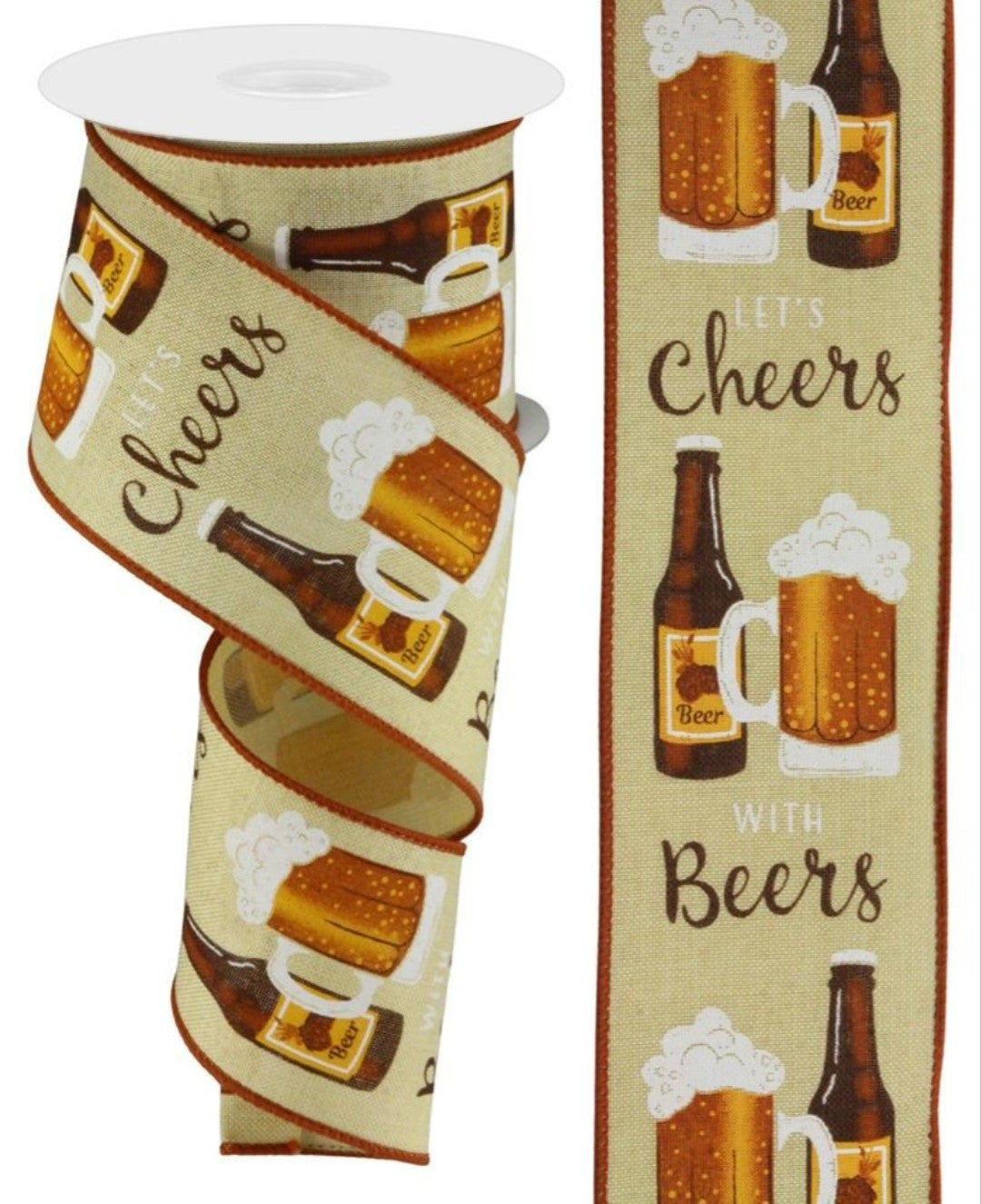 10 Yards - 2.5" Wired Natural Background Let's Cheer with Beers Ribbon