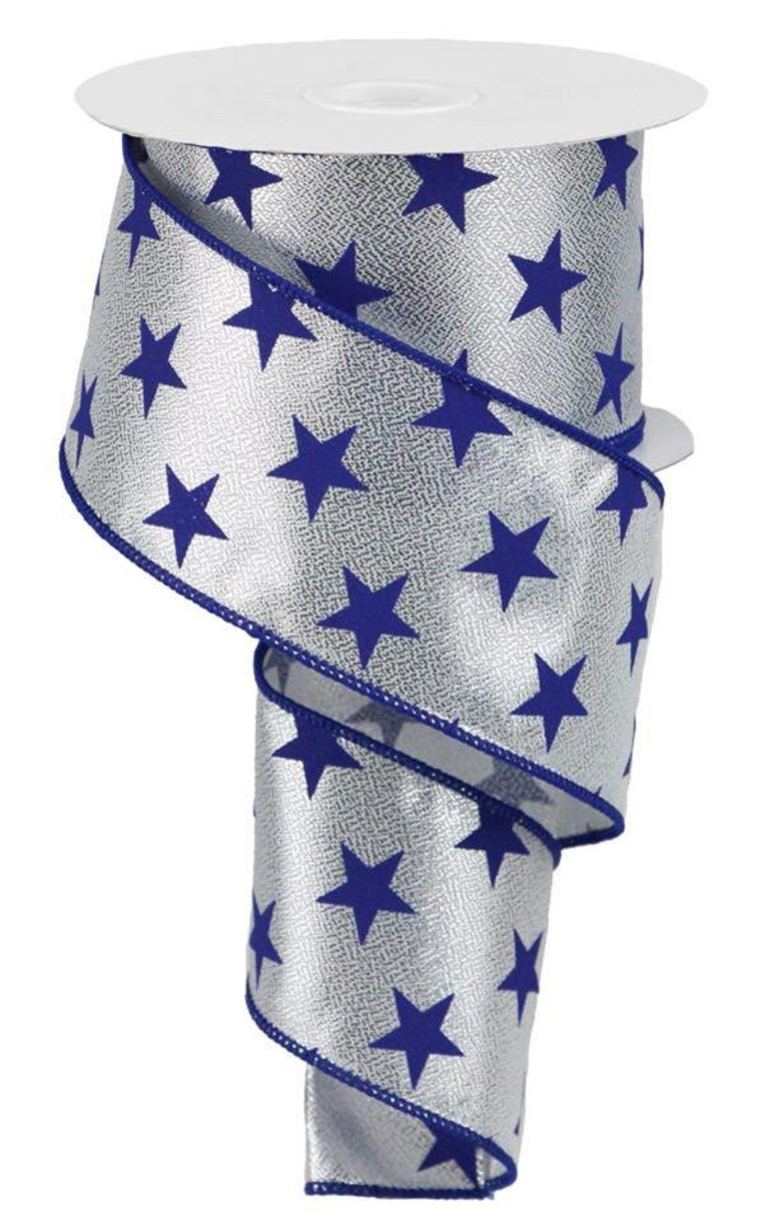 10 Yards - 2.5" Wired Metallic Silver Background with Royal Blue Stars - Patriotic Ribbon - Dallas Cowboys Inspired Ribbon