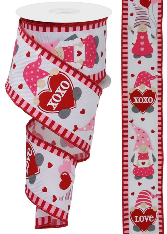 10 Yards - 2.5" Wired Valentines Day Gnome Ribbon with Stripe Edge