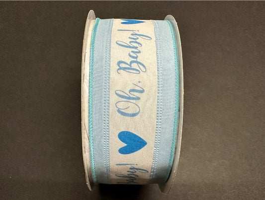 50 Yards - 2.5" Wired Blue and White Oh, Baby Ribbon - Baby Boy Ribbon