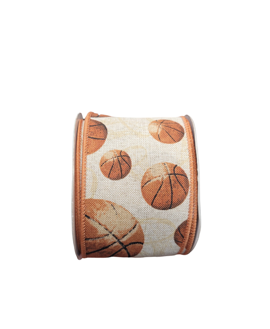 10 Yards - 2.5" Wired Natural Background Basketball Ribbon