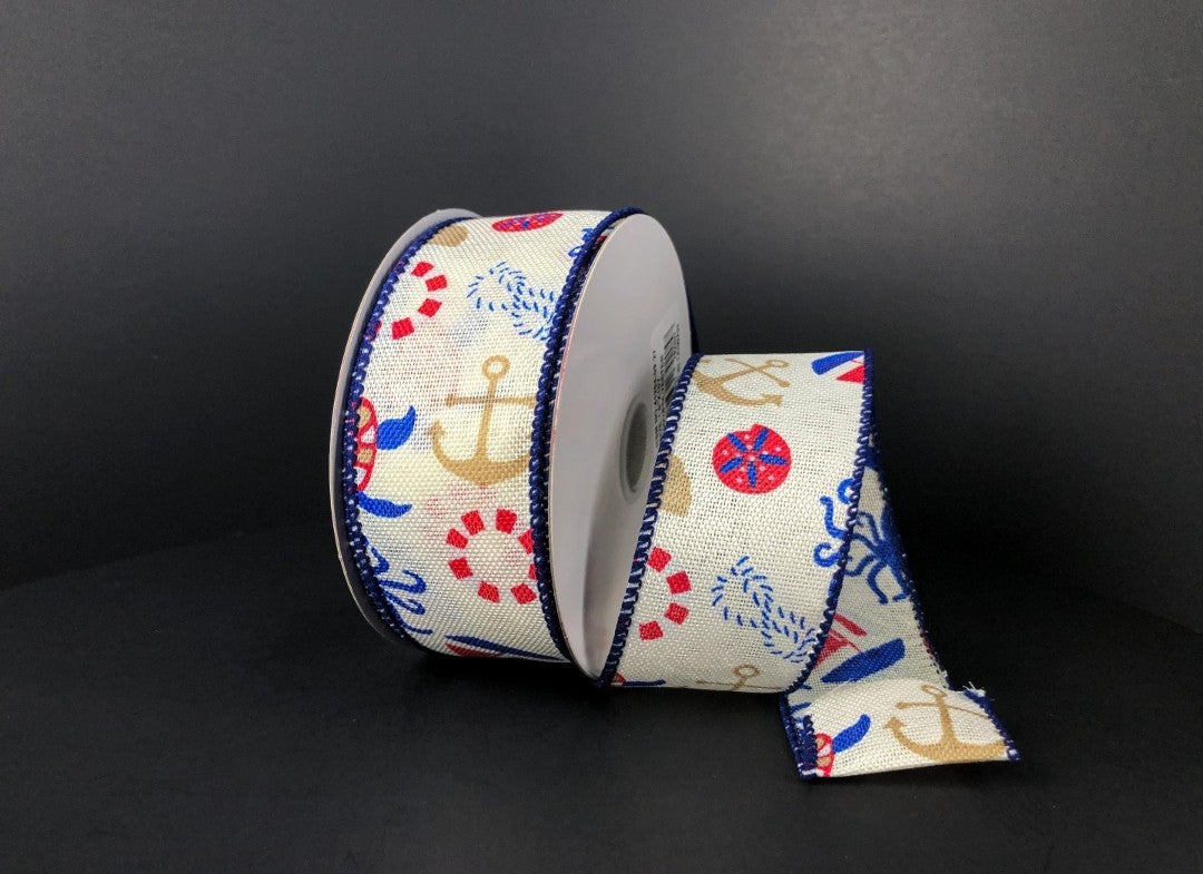 10 Yards - 1.5" Wired Cream Background Nautical Beach Ribbon