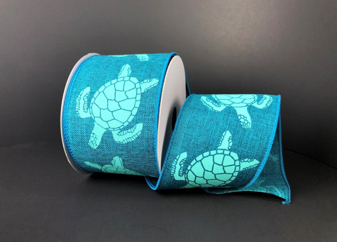 10 Yards - 2.5" Wired Teal and Blue Sea Turtle Beach Ribbon