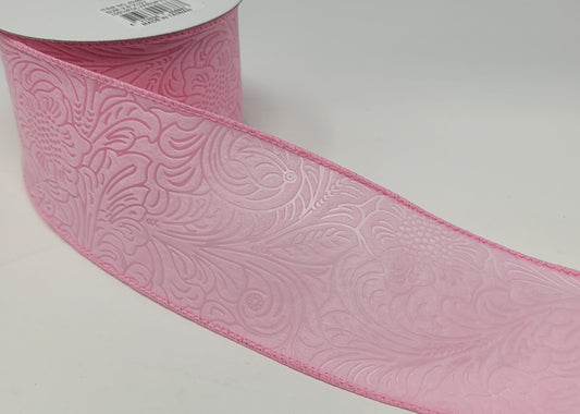 10 Yards - 2.5" Wired Pink Floral Embossed Ribbon