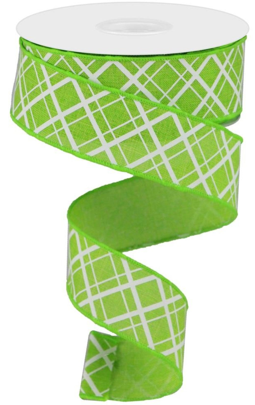 10 Yards - 1.5" Wired Lime Green and White Cross Plaid Ribbon